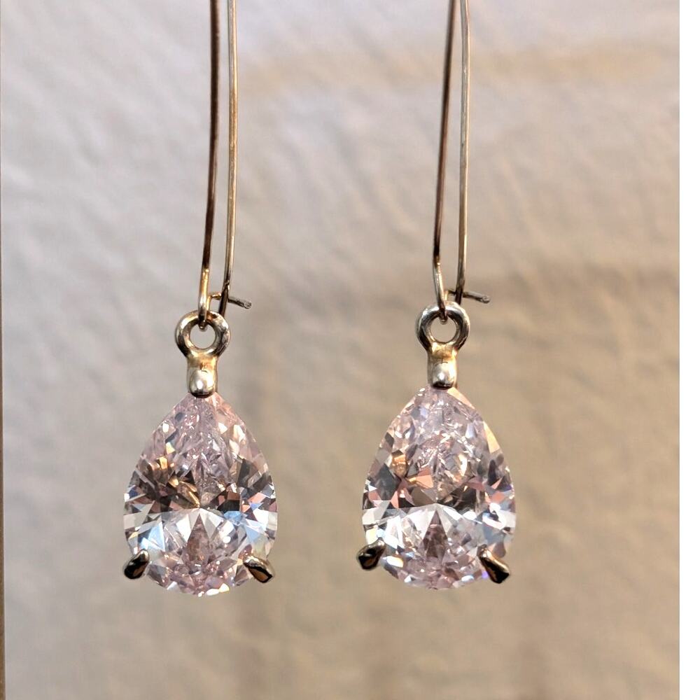 X-Large Teardrop CZ Silver Tone Kidney Wire Drop Earrings
